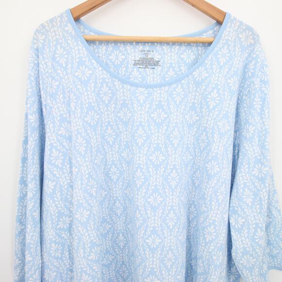 Sleep Sense Pajama Top Blue White Floral Pattern Scoop Neck Long Sleeve Size 3X - Picture 2 of 10